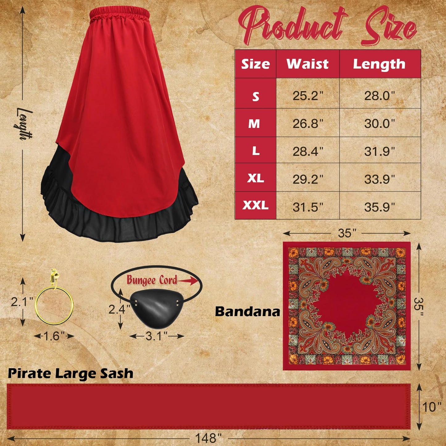 Prebene 7 Pcs Halloween Womens Pirate Costume Renaissance Pirate Blouse Tops Skirt Medieval Corset Belt Headscarf Eye Patch Outfit (Beige + Red, XXL)