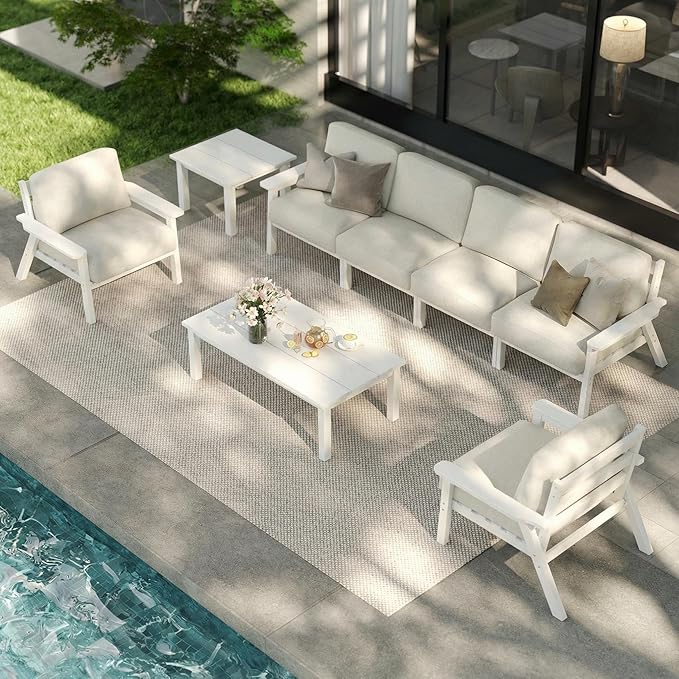 Patio Kingdom 7 Piece Patio Furniture Set, HDPE Outdoor Sectional with Beige Washable Thick Cushions, Coffee Table & Side Table, Patio Conversation Sets for Lawn, Garden, Porch, Balcony (White Frame)