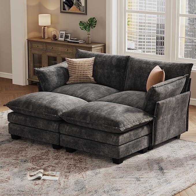 KKL Modular Sectional Sofa Bed, 4 Seater Convertible L-Shaped Sleeper Cloud Couch with Ottoman, Chenille Sectional Couches for Living Room, Apartment Grey