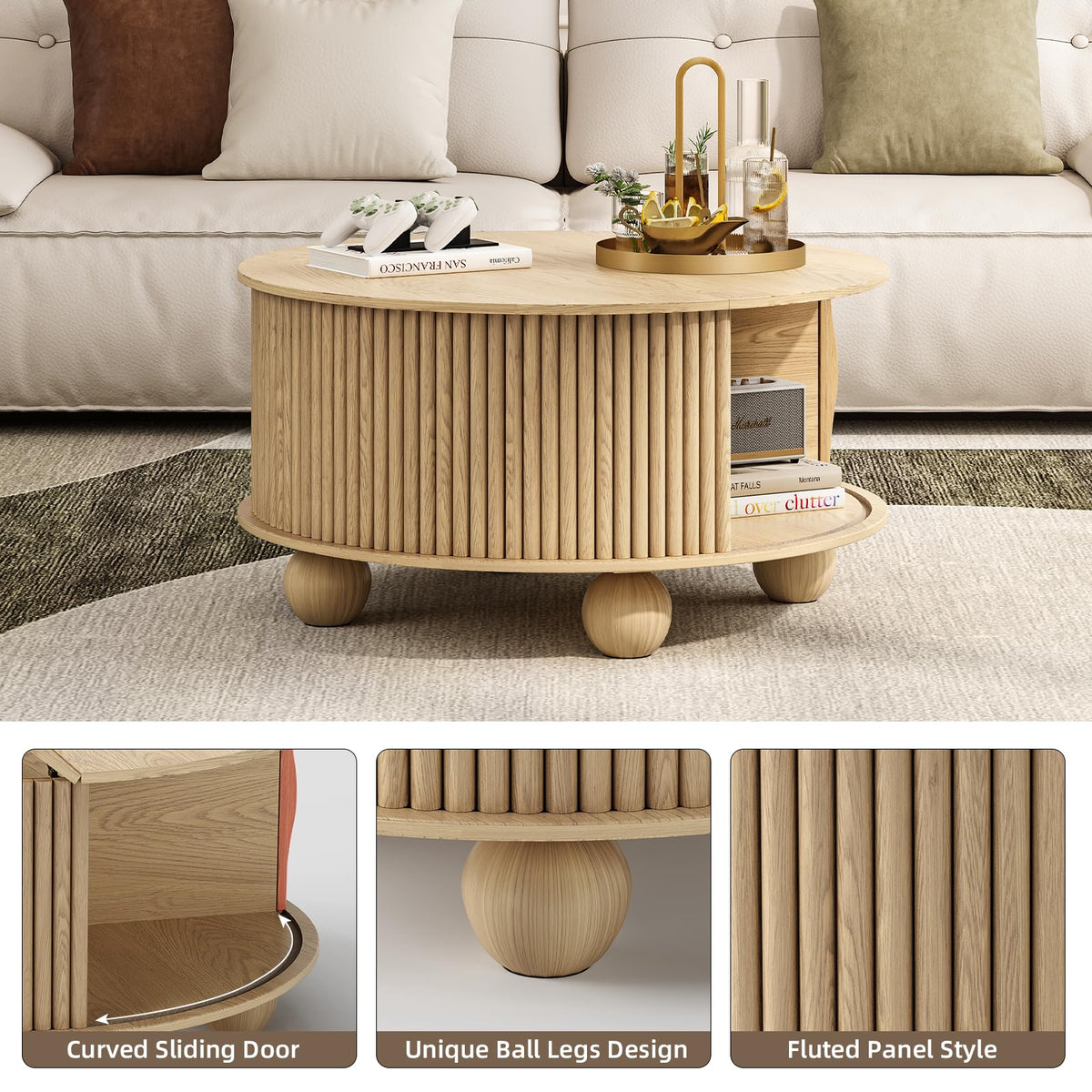 JOINICE,Round Coffee Table with Storage,Fluted Lift Up Coffee Table with Sliding Door,31.5" Drum Center Table with Bun Feet for Living Room,Home Small Space,Oak