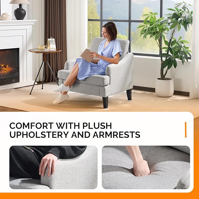 VINGLI Linen Fabric Accent Chair Grey, Modern Upholstered Armchair, Comfy Sofa Chair Living Room Bedroom Furniture for Apartment