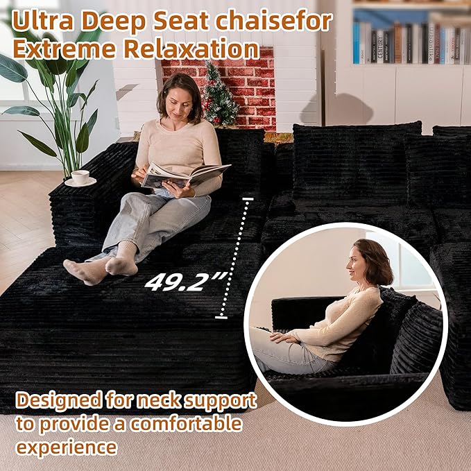 110 Modular Sectional Boneless Sofa with 2 Ottomans, Corduroy U-Shaped Modular Sectional Sofa, Convertible Cloud Couch with Deep Seats, No Assembly Required (Black, 110" 3Seat+2 0ttoman)