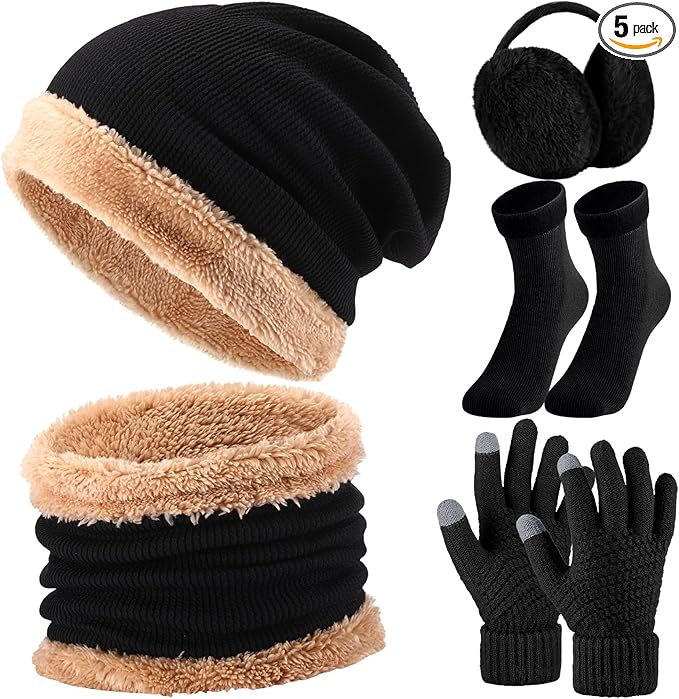 SATINIOR 5 Pcs Winter Beanie Hat Scarf Gloves Set Fleece Lined Knit Hat Warm Touch Screen Gloves Earmuff Warmer for Women(Black,Trendy Style)