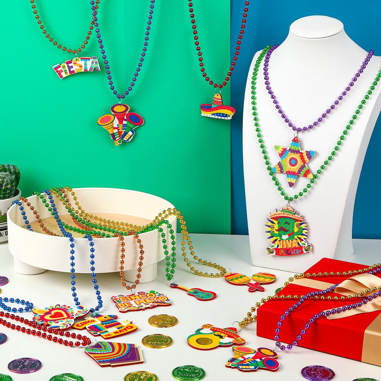 NOVWANG 24 Pcs Mexican Necklaces 12 Styles Cinco de Mayo Necklaces Multi Colors Fiesta Necklaces for Mexican Birthday Party Favors Supplies