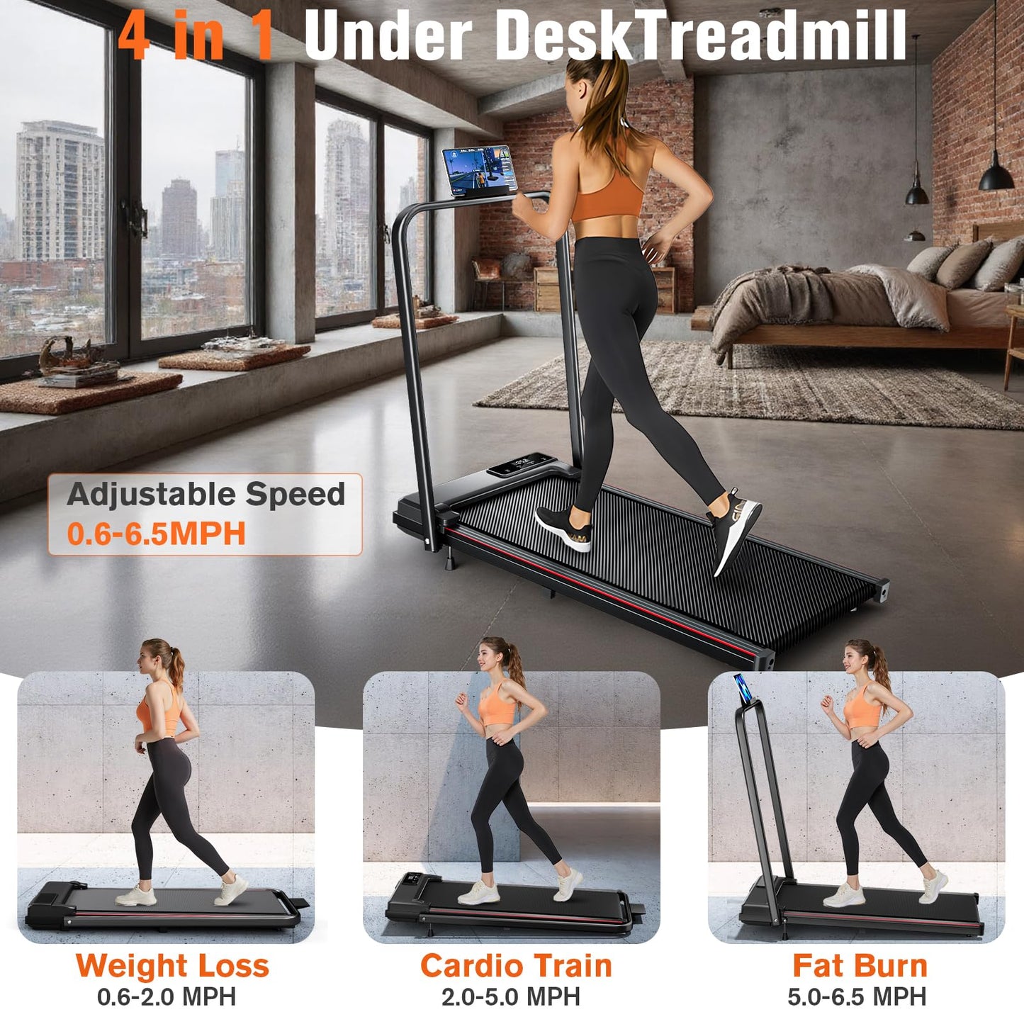 Treadmill with Incline, Small Walking Pad with Handle Bar, Under Desk Treadmill for Home Office 300 Lbs Capacity, Remote Control&APP, Black (M)