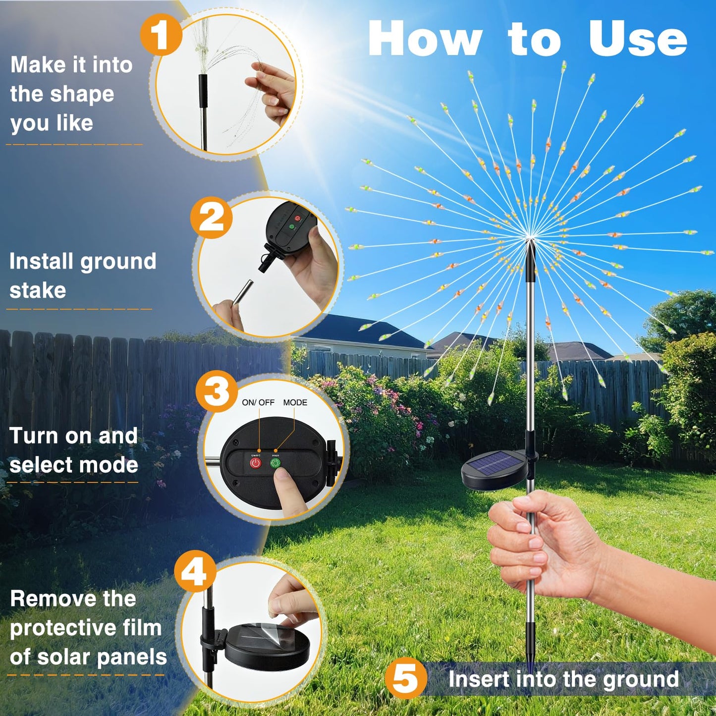 btfarm 4 Pack 120 LED Solar Garden Lights Outdoor, 8 Modes Firework Lights Solar Powered, Waterproof Twinkle Fairy Light Outside for Yard Patio Pathway Pool Christmas Party Decorative, Warm White