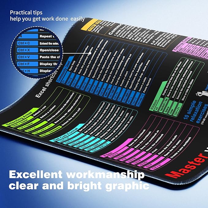 Excel Cheat Sheet Desk pad—Contains 12 Types of Common Skills in Excel and Word|Large XL Size（35.45 * 15.75 inch）|Desk mat for Keyboard and Mouse|Work、Study、Gaming Mouse pad|Waterproof、Anti-Slip
