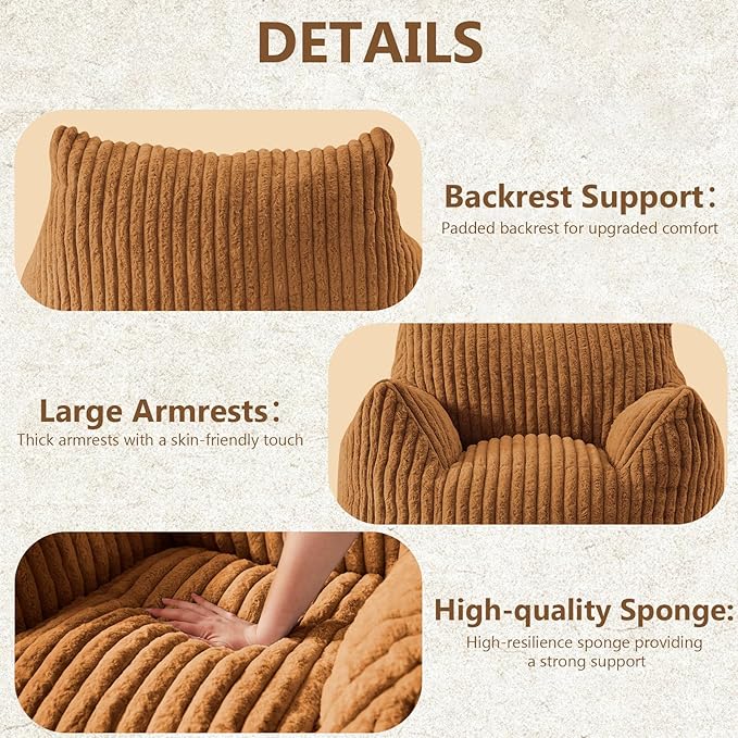 Achicsofar Giant Bean Bag Chairs for Adults Teens, Large Bean Bag Sofa Chairs with Filling Comfy Fuzzy BeanBag Chair with Armrests for Bedroom Living Room Reading (Brown, Large)