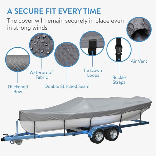 TeamObsidian Heavy Duty Waterproof Boat Cover - Universal Fit for 16' - 18.5' V-Hull Tri Hull Jon Fishing Bass Trailerable Boats
