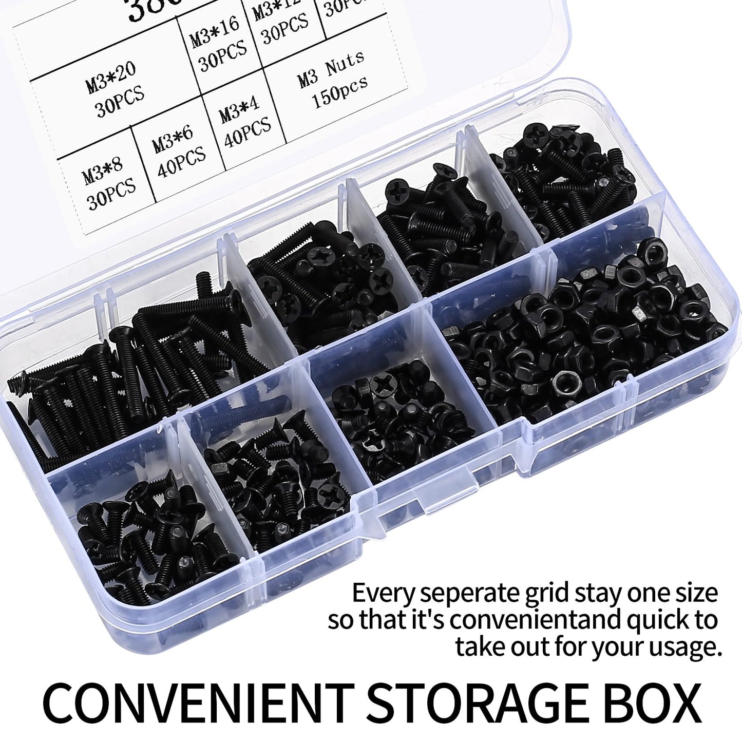 M3 Flat Head Machine Screws and Hex Nuts Kit, 380 Pcs Black Countersunk Head Phillips Screws Bolts Nuts Assortment Kit - M3 x 4mm/ 6mm/ 8mm/ 10mm/ 12mm/ 16mm/ 20mm