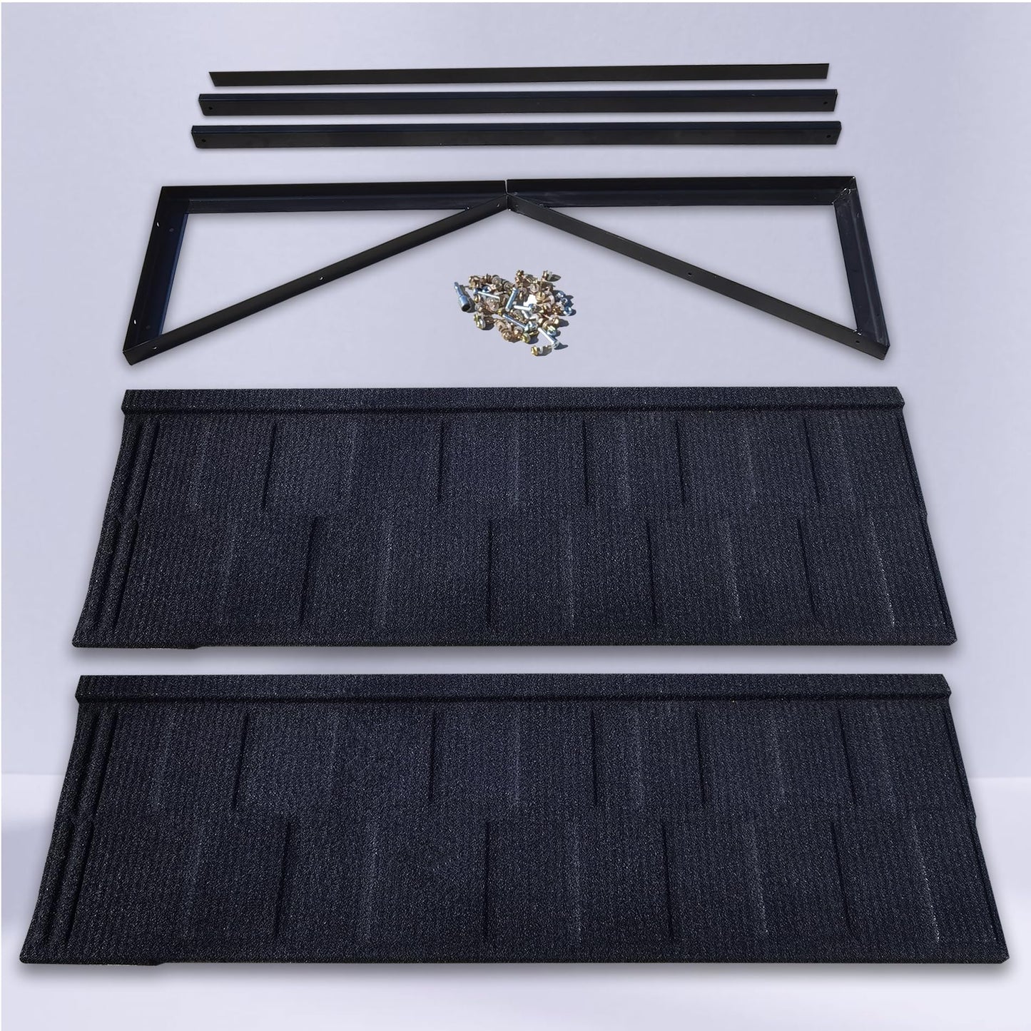 BIGalleons Fixed Metal Awnings 52 in W x 31 in H, Triangle Steel Frame with Tile Shaped Metal Awning for Door Entrance, Windows, Porches and Balconies (Black)