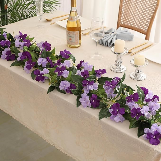 Floweroyal 4 Pack Artificial Flower Garlands 15.8FT Fake Impatiens Vines Silk Flowers Hanging Impatien Ivy for Wedding Arch Party Home Garden Wall Decor (Purple)