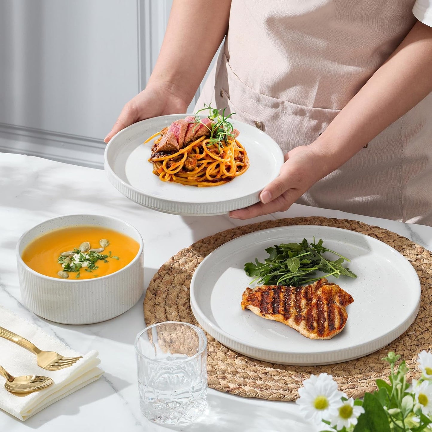 E-far 12-Piece Plates and Bowls Sets, Stoneware Dinnerware Dishes Sets for 4, Kitchen Modern Dining Dishware, Chip & Scratch Resistant, Microwave & Dishwasher Safe, Speckled White