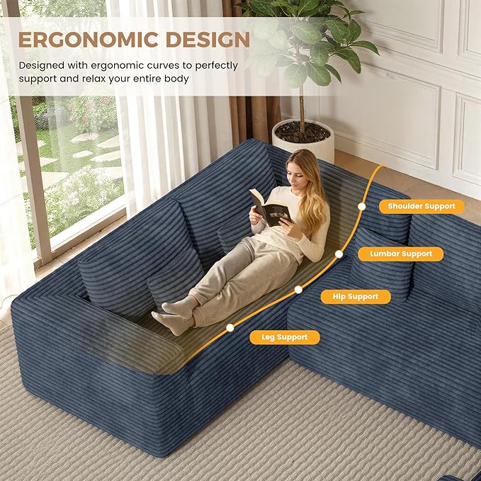 136'' Large Sectional Cloud Couches with Chaise, U Shaped Boneless Loveseat Sofa, No Assembly Required Deep Seat Modular Lounge for Living Room 3PCS Set, Bedroom(Grey)