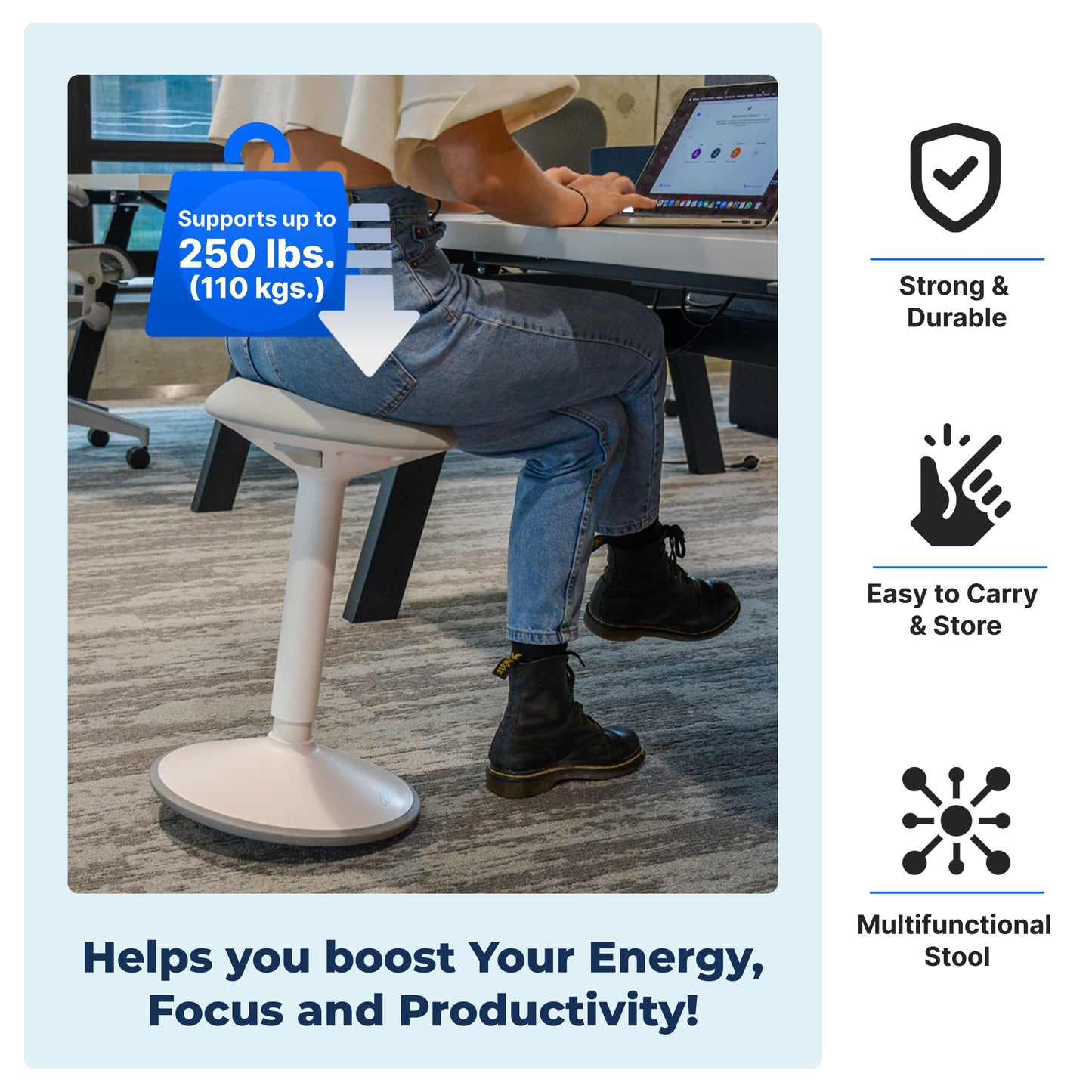 Backerz Standing Desk Stool Chair, Height Adjustable Stool 16-24 inch for Office and Classroom, Swivel seat, Anti-Slip Bottom Ergonomic Wobble Stool with Rocking Motion, Black