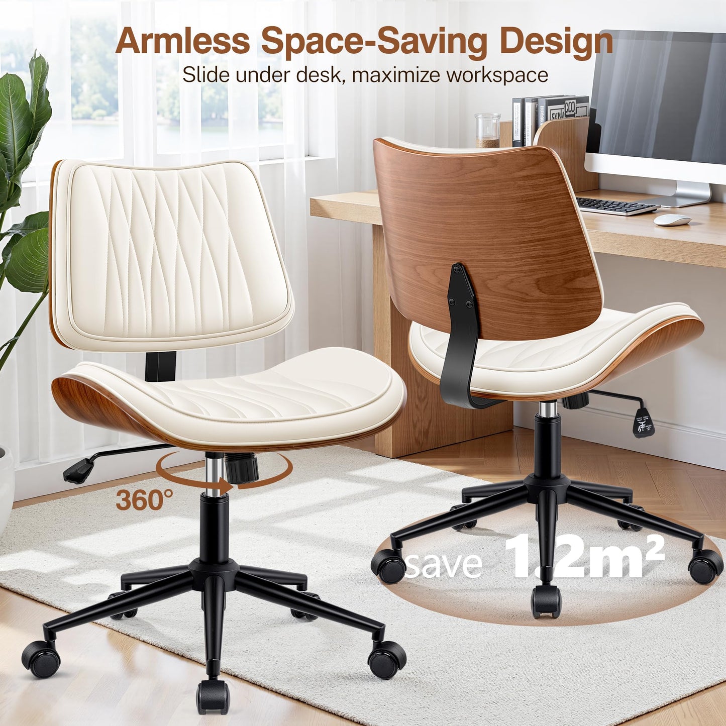 Ergonomic Armless Office Desk Chair - Mid-Century Modern White Faux Leather with Diamond Stitch, Adjustable Height Swivel Rolling Task Computer Chair with Walnut Accent for Home Office, Study & Work