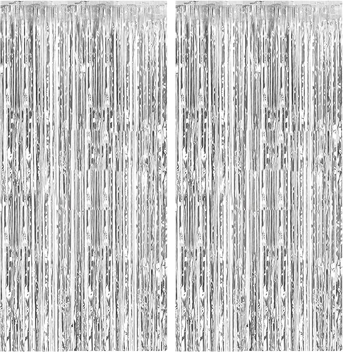2 Pack Foil Curtain Backdrop Silver Metallic Tinsel Foil Fringe Curtains Photo Booth Props for Birthday Wedding Engagement...