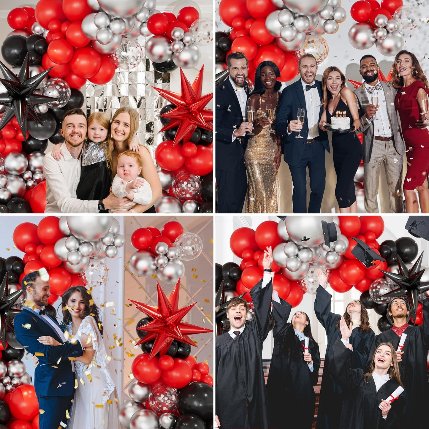 Red and Black Balloon Garland Arch Kit, 146pcs Red Black and Metallic Silver Balloons with Exploding Star Foil Balloons for Graduation Birthday Party Decorations