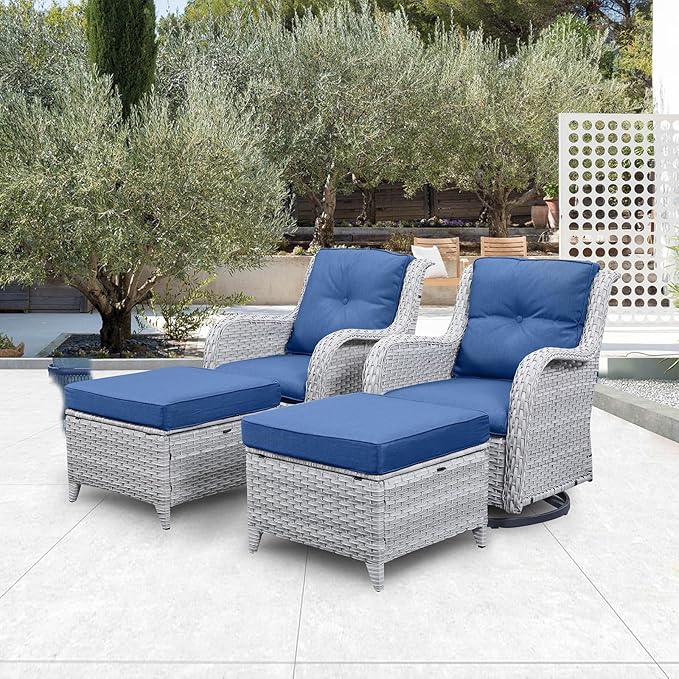 Belord 4 Pieces Patio Furniture Sets, Wicker Patio Swivel Glider Chair with Ottomans, Outdoor Furniture Set for Outside Porch Deck Balcony, Light Grey