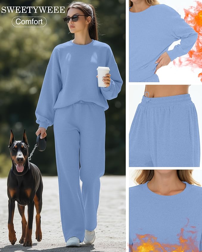 Sweetyweee Women's 2 Piece Outfits Set Fleece Lined Lounge Sweatsuit Crewneck Pullover Top Wide Leg Pants Casual Tracksuit