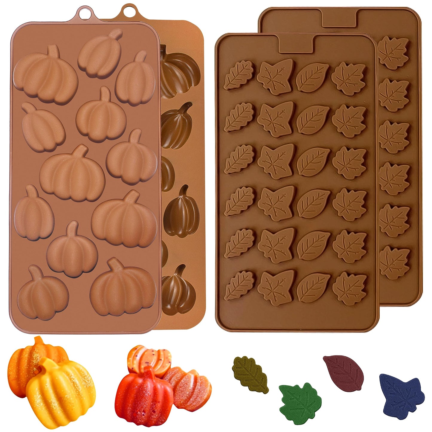 EDUEE Fall Chocolate Molds 4 Pieces Silicone Pumpkin Candy Mold Maple Leaf Shaped Fondant Molds for Thanksgiving Halloween Autumn Harvest Cupcake Cake Topper Decoration