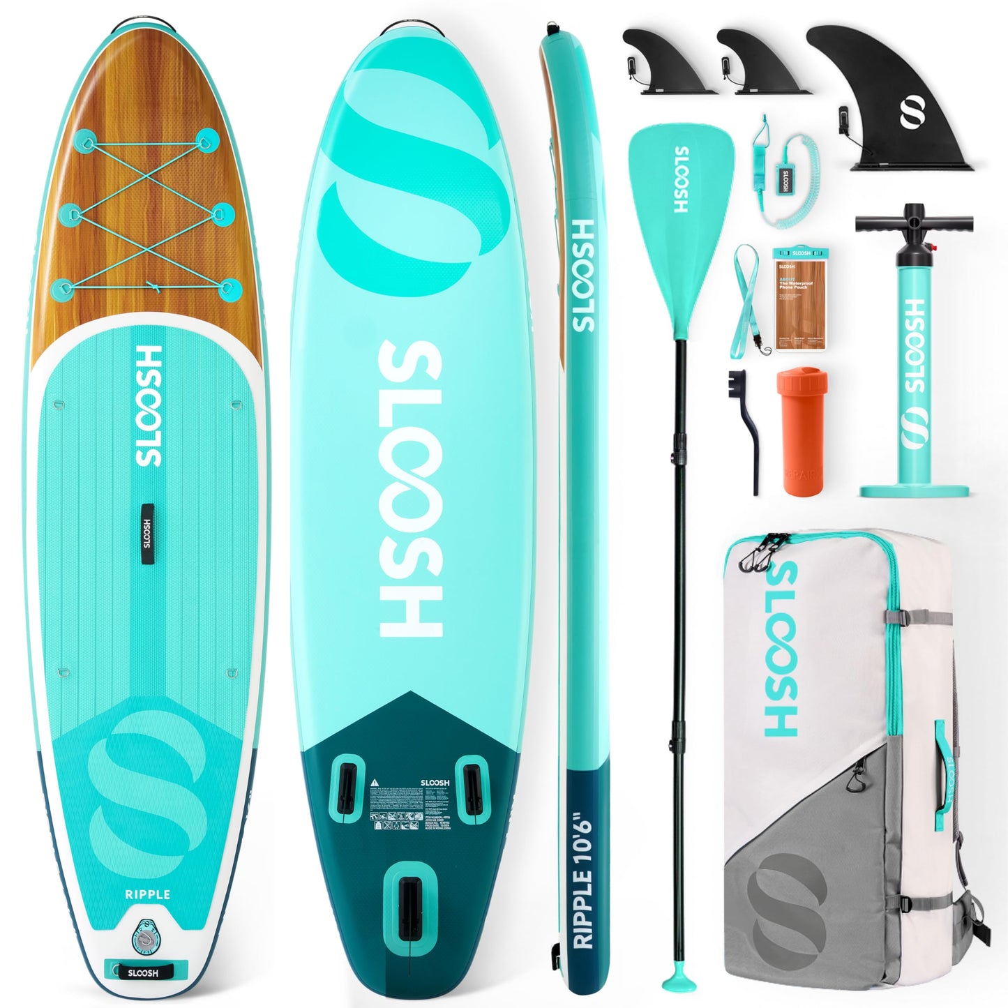 SLOOSH Inflatable Stand Up Paddle Board, 10'6" Paddle Boards with Premium Accessories, Non-Slip EVA Deck, Ultra-Light Carry Bag, Ripple SUP for Youth & Adults of All Skill Levels, Aqua Breeze