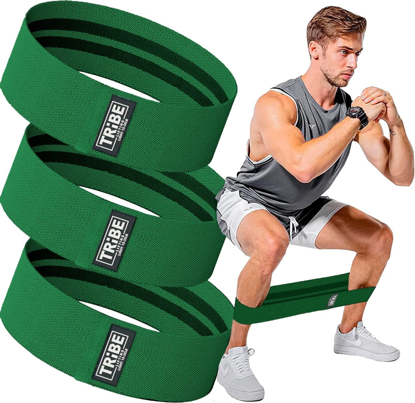Tribe Lifting Fabric Resistance Bands for Exercise - Hip Bands for Working Out Legs, Glutes, Knees and Thighs for Men and Women - Cloth Circle Booty Bands for Physical Therapy (Green)