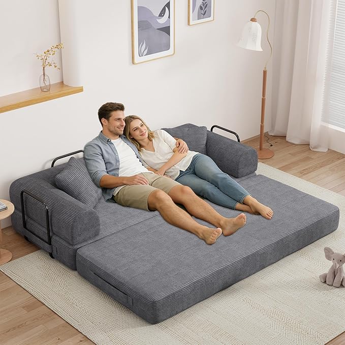 77" Convertible Sofa Bed, Modular Folding Futon Corduroy Floor Foam Compressed Loveseat Sleeper Sofa Couch, Pull Out Queen Size Couch Bed with 2 Pillows for Living Room Guest Room Studio, Dark Grey