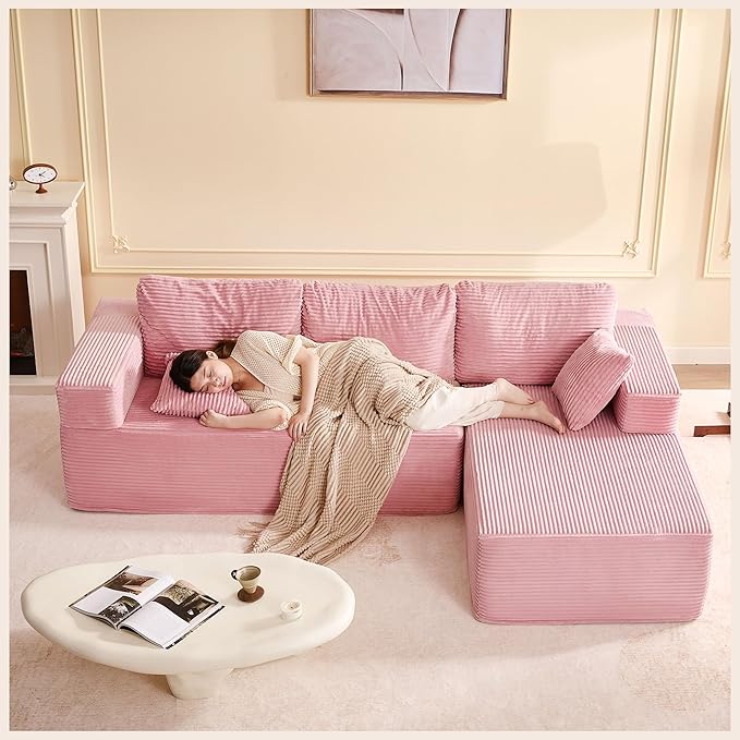 Afuson 107" Boneless Couch with Deep Seat, Modular Sectional Sofa, Cloud Sectional Couch for Living Room, No Assembly Required, Corduroy, L-Shape Right, Pink