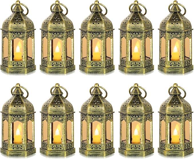 Romadedi Mini Lanterns Decorative for Centerpiece: 10pcs Hanging Small Gold Lantern Bulk with Flickering LED Candles for W...