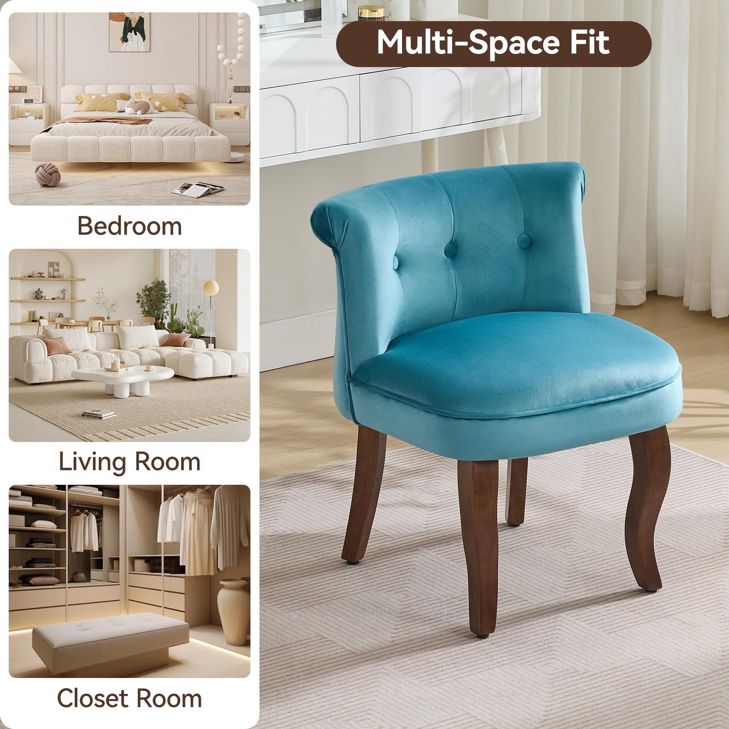 Velvet Vanity Chair with Back, Tufted Upholstered Vanity Stool with Solid Wood Legs, Mid Century Small Makeup Chair for Vanity, Accent Chair for Bedroom, Living Room, Teal