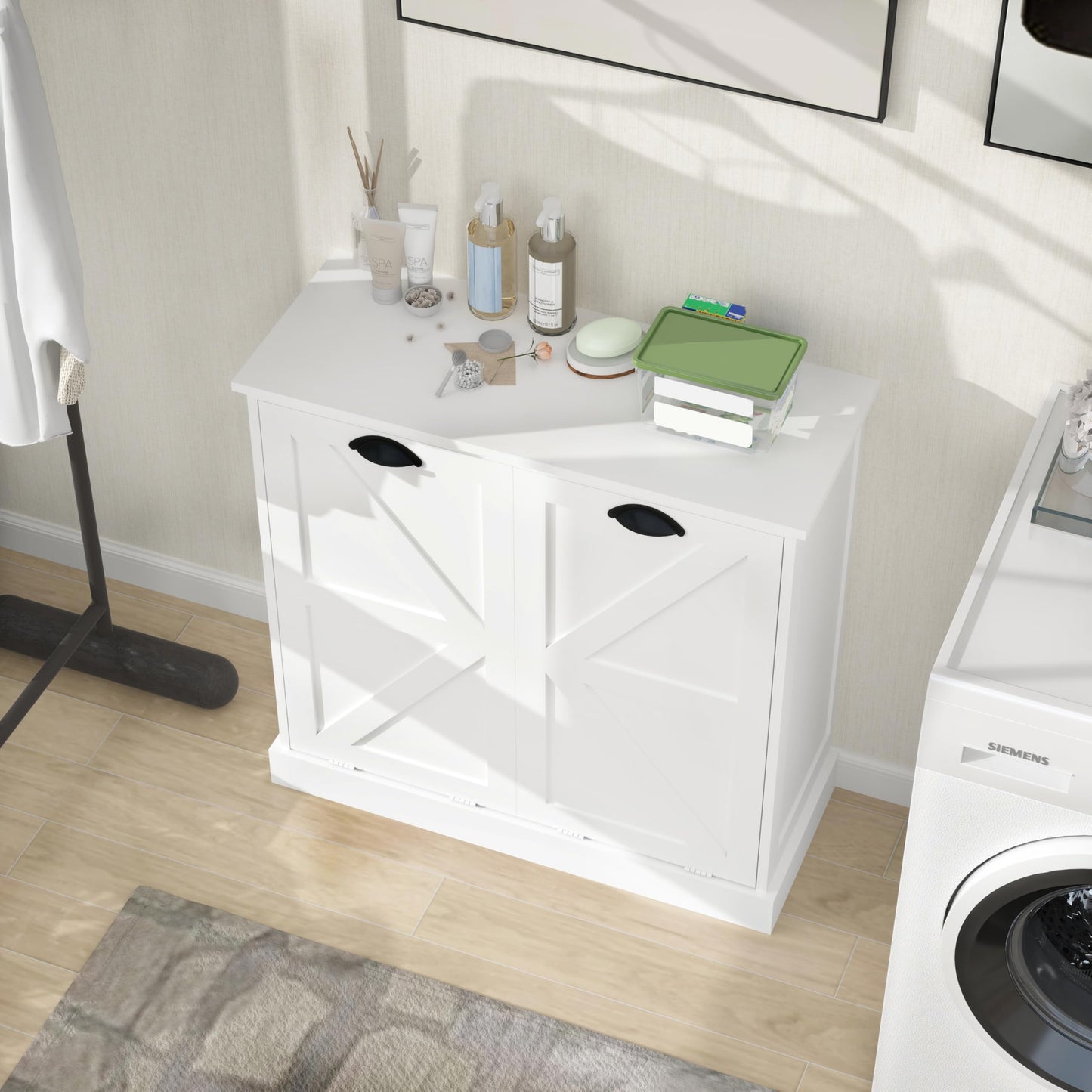 agnixnaf Two-Compartment Tilt-Out Laundry Sorter Cabinet with Removable Cloth Bags,Laundry Room Organization,UV Painting Cabinet for Laundry Room,Bathroom,Utility Room-White