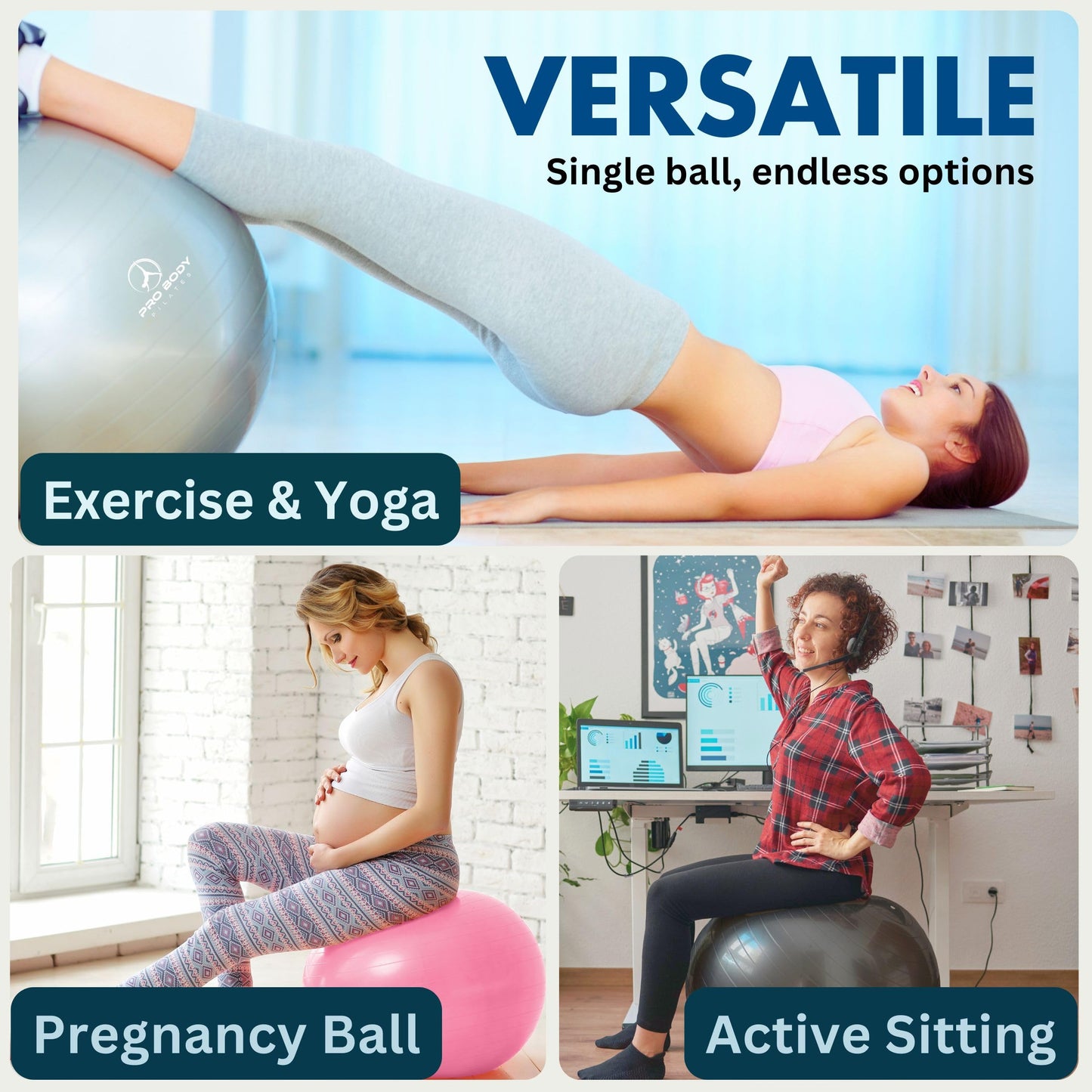 ProBody Pilates Exercise Ball - Multiple Sizes Gym Grade Balance Ball for Fitness, Workout, Pregnancy & Physical Therapy, Stability Yoga Ball Chair (Black, 45 cm)