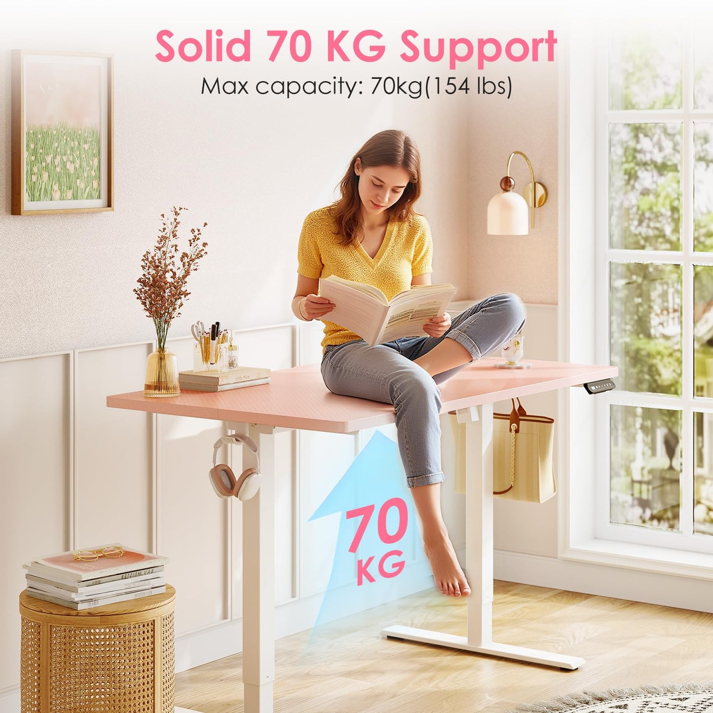 OffiGo Electric Height Adjustable Standing Desk, 40 Inch Pink Computer Desk for Women Girls, Sit Stand Table for Home, Office, Bedroom