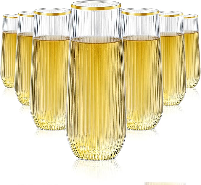 Lueumxc 48 Pack Plastic Ribbed Champagne Flutes, 9 Oz Stemless Disposable Gold Rim Clear Plastic Toasting Glasses Shatterp...