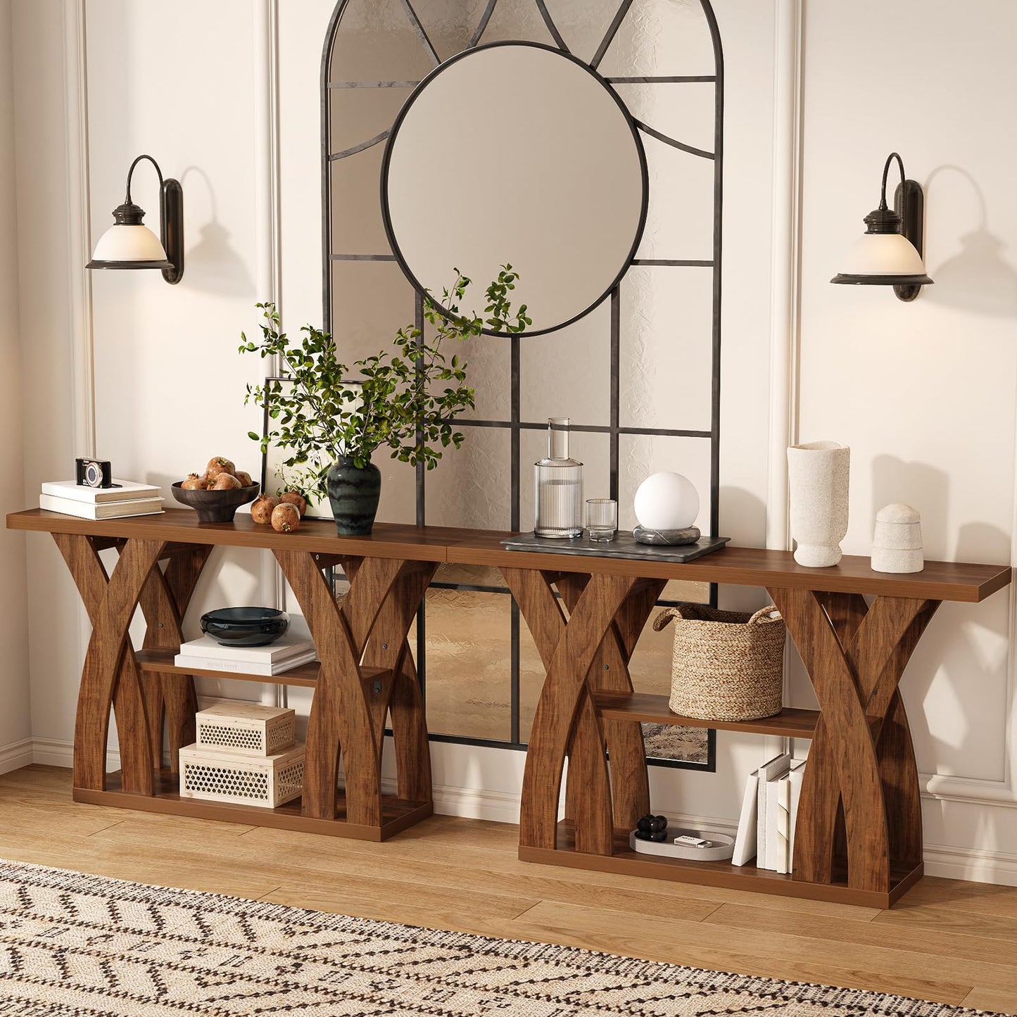 Tarnorci Console Tables, 55‘’ Narrow Walnut Console Table 3-Tier Farmhouse Wood Entryway Table for Living Room, Hallway, Foyer (Brown)