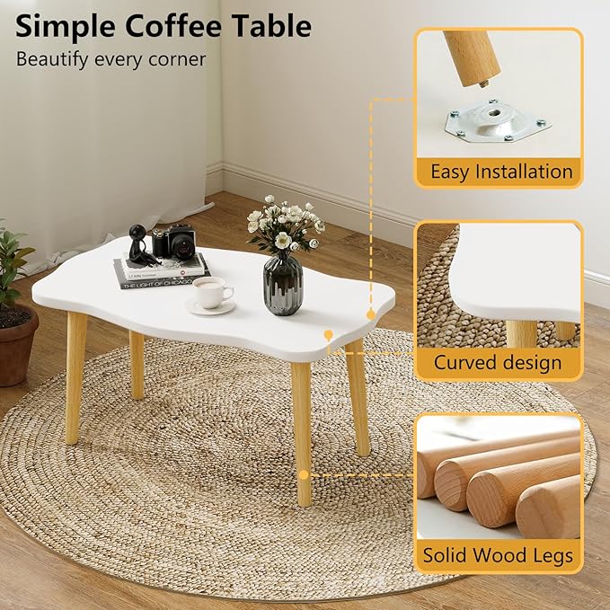 Funecy Cookie Coffee Table Low Table with 4 Solid Wood Sturdy Legs, Floor Table Desk for Sitting on The Floor, Storage and Living Room Furniture (White)