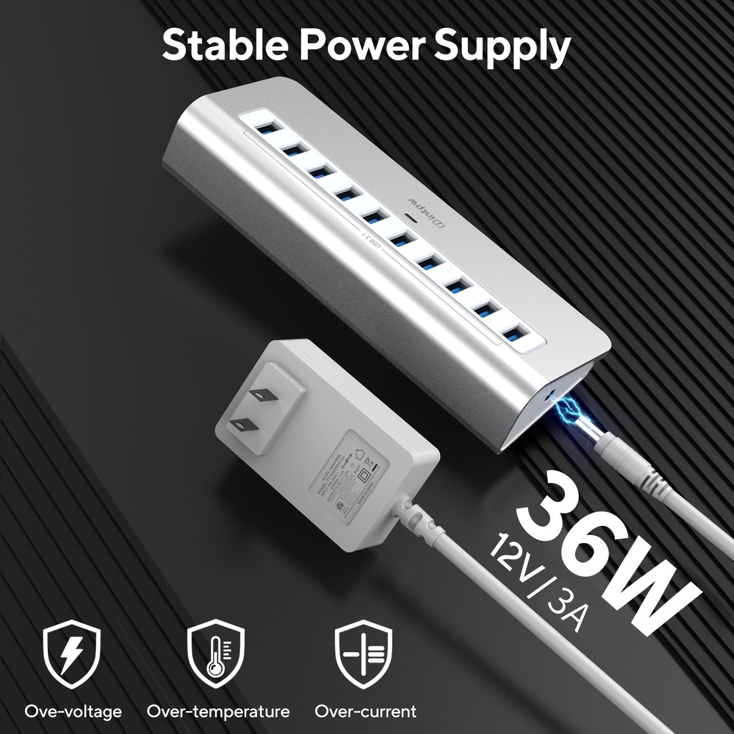 Powered Usb Hub, Intpw 10 Port Usb 3.1 Hub With 10Gbps Data Transfer, 36W(12V/3A) Power Adapter, Usb Type A And Type C Cable, Al