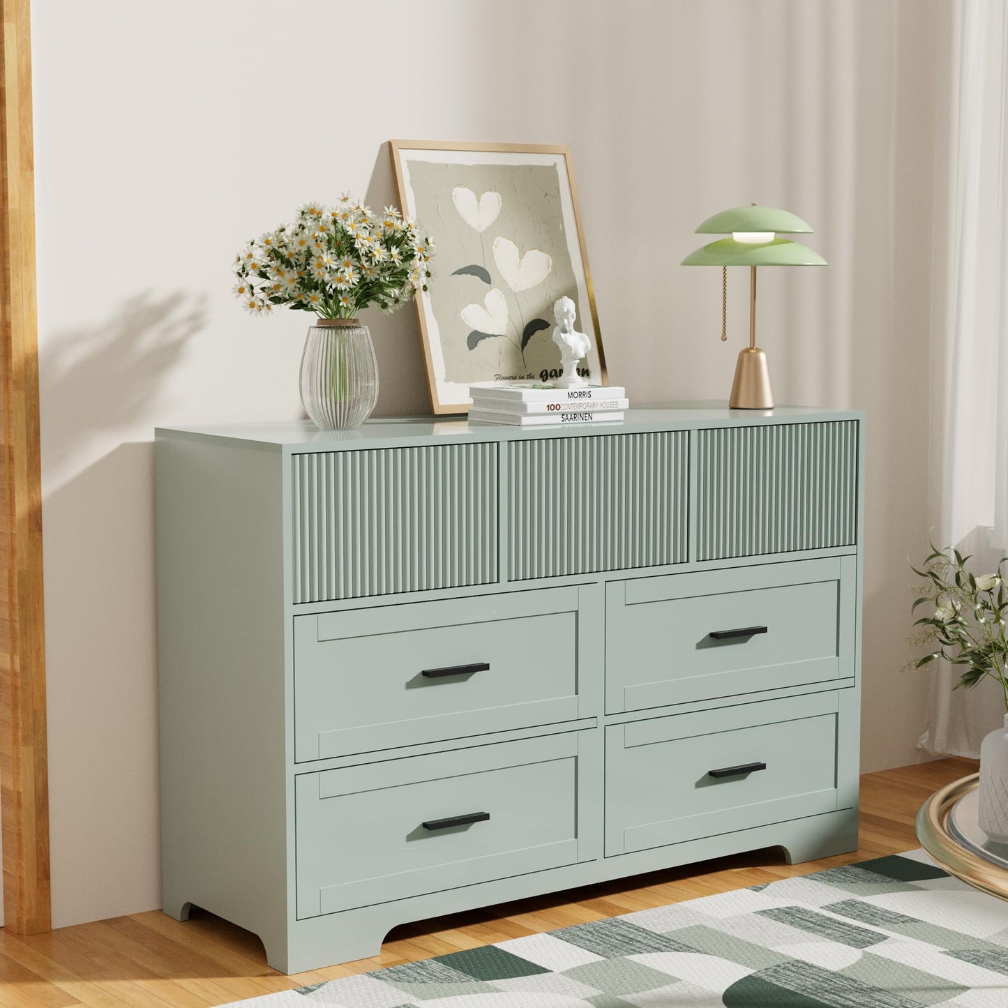 UEV Fluted Dresser for Bedroom with 7 Drawers, 47" Modern Chest of Drawers with Metal Handle, Wood TV Stand, Closet Storage Organizer for Living Room, Hallway, Green