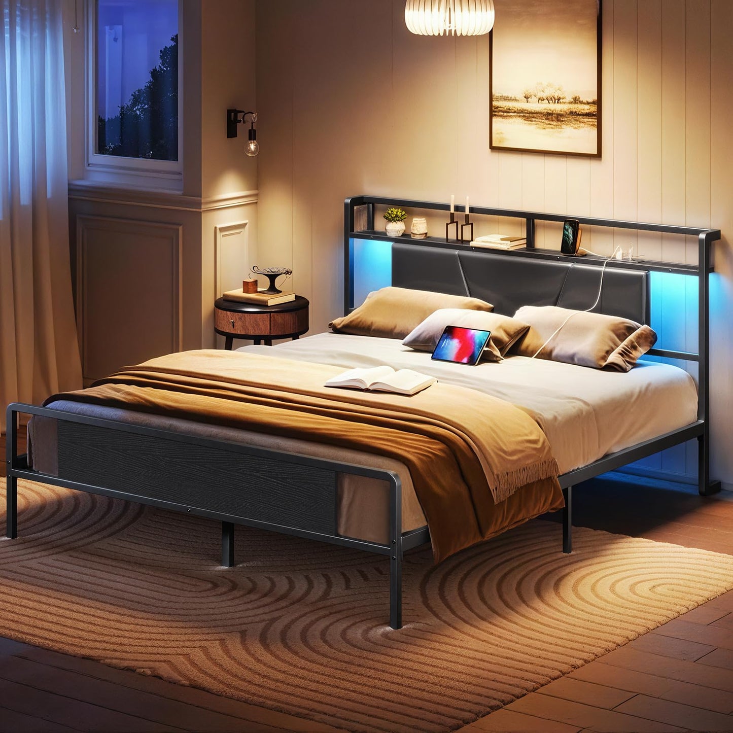 RALGEND Queen Bed Frame with Upholstered Headboard, LED Bed Frame with Charging Station, Metal Platform Bed with Under Bed Storage, No Box Spring Needed, Noise Free, Easy Assembly, Black