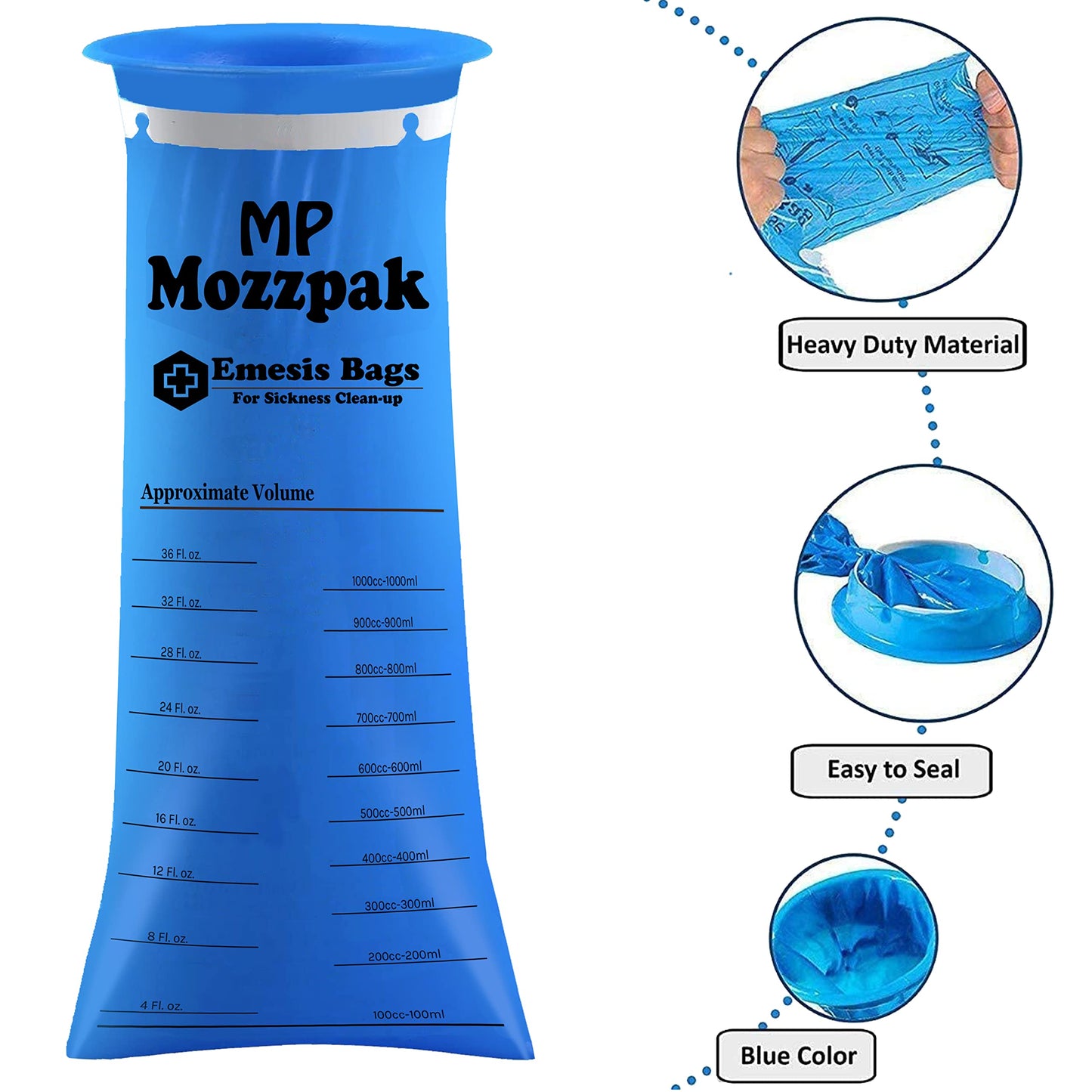 MP MOZZPAK Vomit Bags Disposable 50 Pack - 1000ml Emesis Bags, Leak-Proof Barf Bag, Travel Friendly Puke & Nausea Bag for Motion Sickness, Medical Grade Throw up Relief for Car, AirPlane, & Road Trip