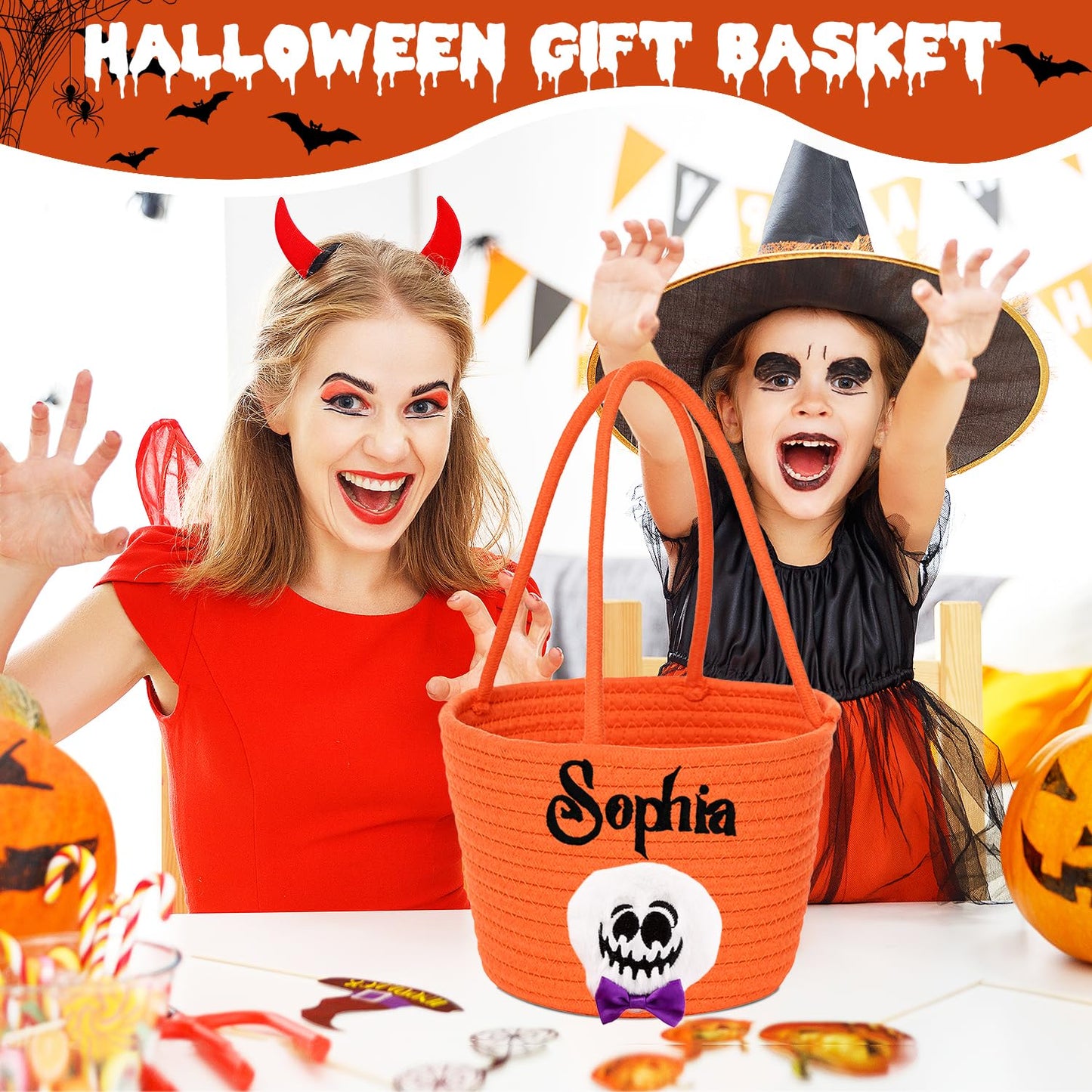 Personalized Halloween Basket Custom Embroidered Name Halloween Trick or Treat Bag for Kids，Halloween Custom Ghost Bucket