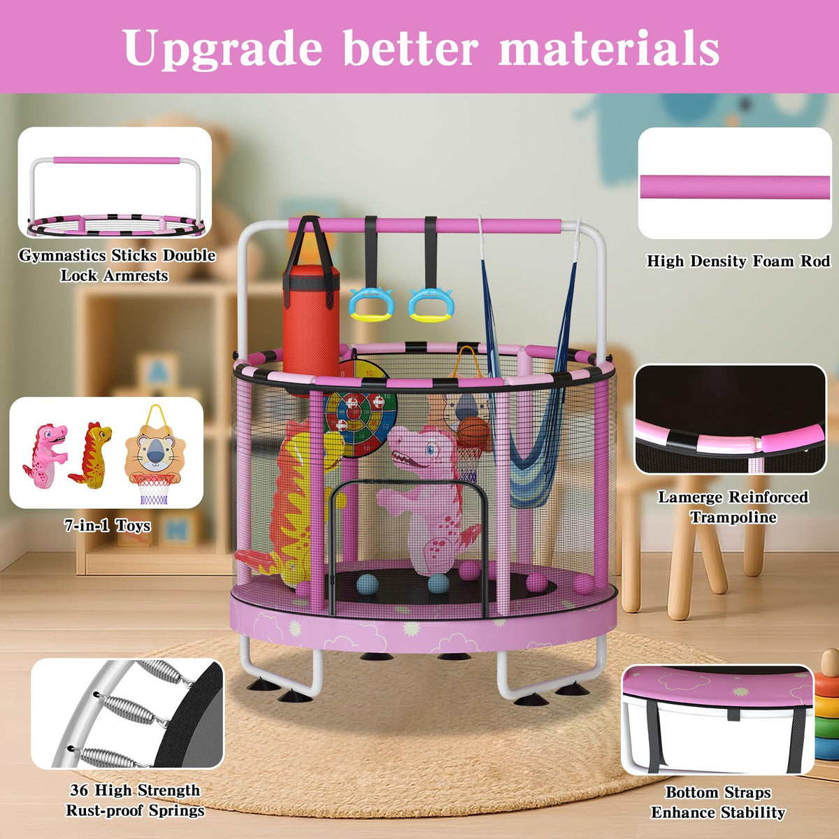 Lamerge 55" 7-in-1 Toddlers Trampoline for Kids, Upgrade Mini Trampoline with Safety Net, Indoor＆Outdoor Toy for Kids 3-8, 500lbs Capacity Trampoline for Boys & Girls, Adjustable Height – Pink Cloud