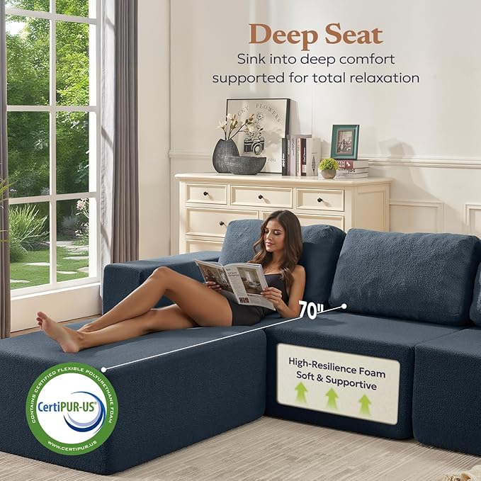 Furnify 106" Modular Sectional Couch Left/Right Facing Convertible, L-Shape Modern Teddy Sofa, Deep Seat Upholstered Foam Couch for Living Room Bedroom, No Assembly Required (Blue, Teddy Boucle)