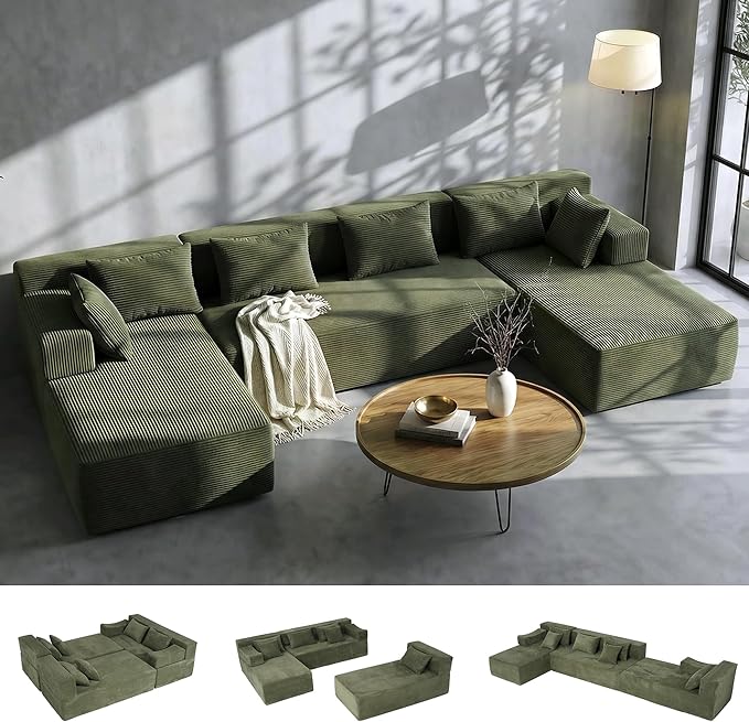 MONVANE 141'' Modular Sectional Sofa, PRO Version U-Shape Boneless Couch, Oversized Deep Seating Cloud Couch, No Assembly, High-Resilience Foam, Soft Corduroy Fabric, for Living Room Apartments Green | Convertible