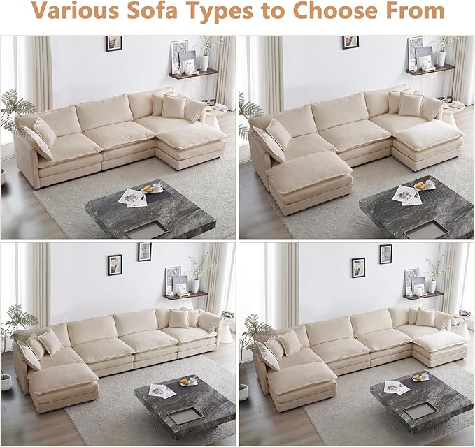 mikibama Luxury Modular Sectional Sofa, 111.5" Modern Chenille Comfy Cloud Couches for Living Room Office, 3 Seater Deep Sofa with 2 Armrest Pillows and 3 Toss Pillows, Light Coffee