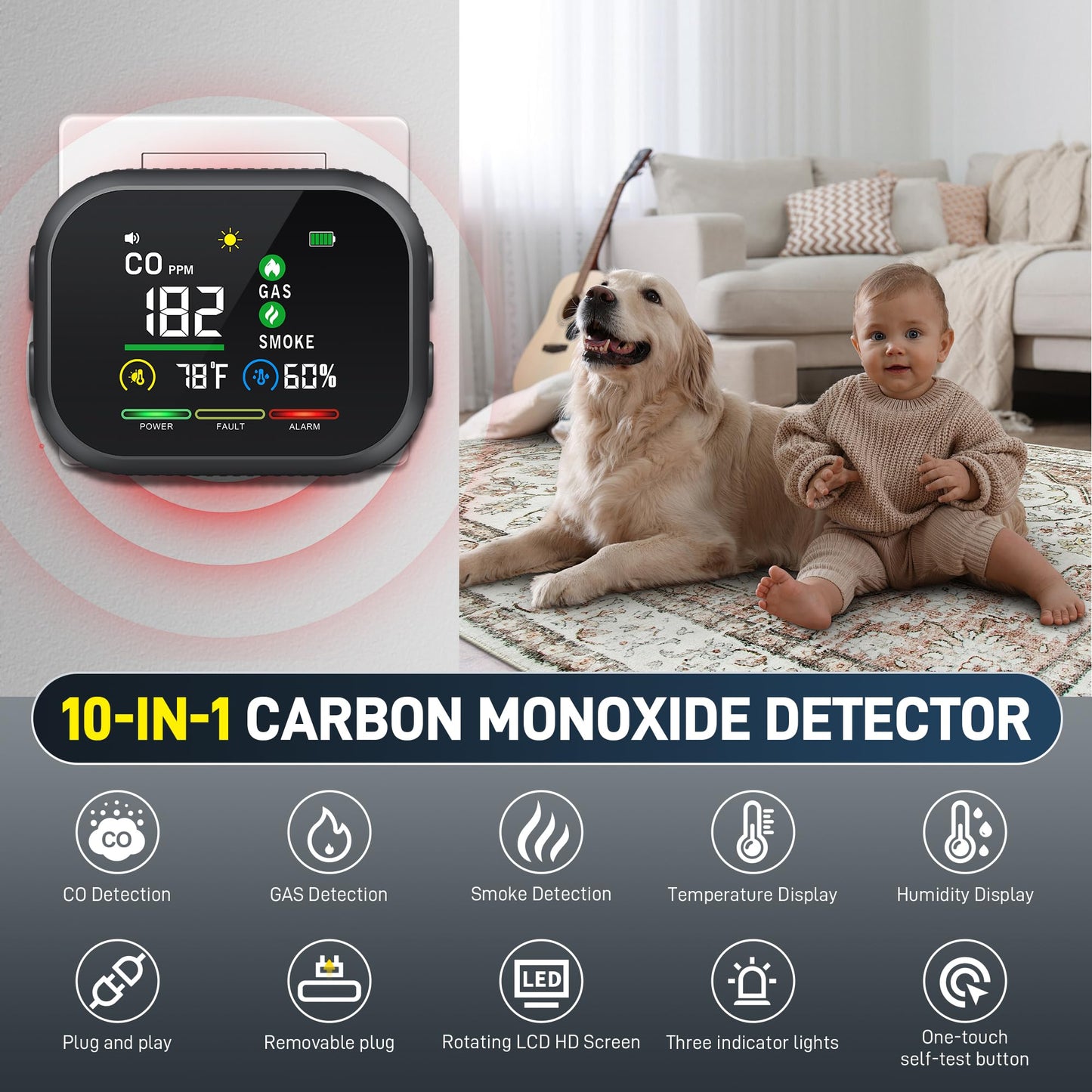 VIPDIGI 5 in 1 Carbon Monoxide Detectors Plug in, Smoke Natural Gas Detector with Alarm, CO Detector, Temp, Humidity, Portable Carbon Monoxide Detector for Home, Black&Grey