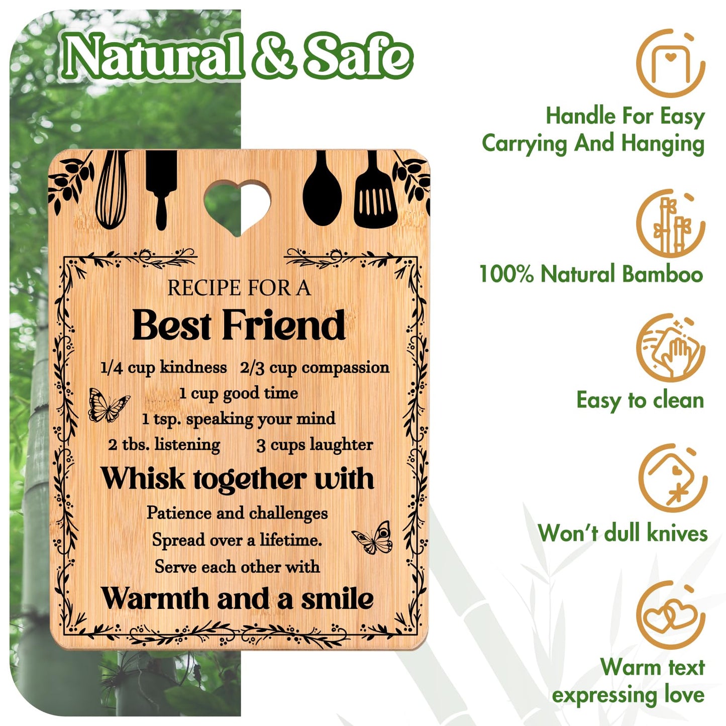 Best Friend Birthday Gifts for Women - "Recipe for a Best Friend" Best Friend Cutting Board Gifts, Bamboo-Made Best Friend Birthday Gifts, 11x8.5x0.35 in.