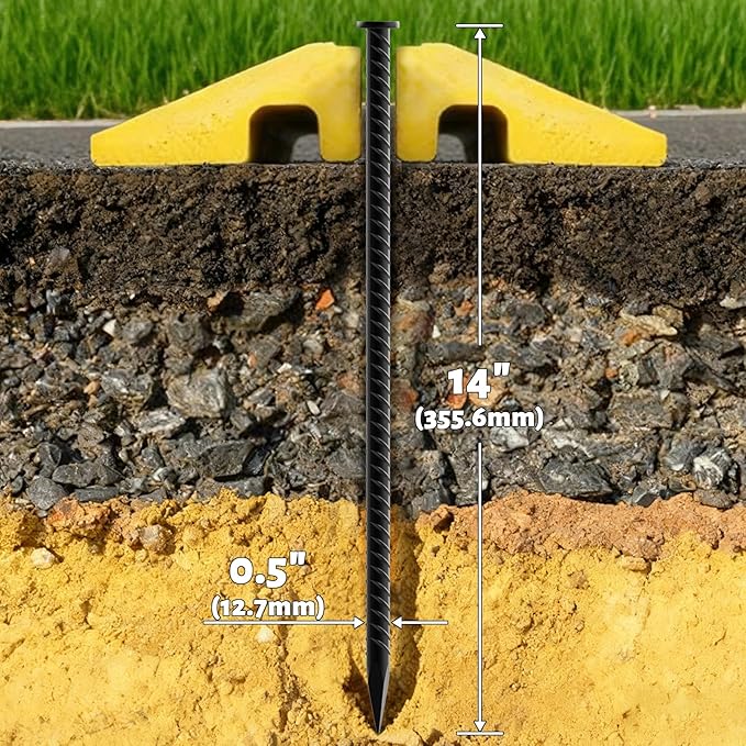 Rebar Stakes - 14 inch Metal Spikes for Asphalt 1/2 Inch Diameter 10 Pack Anchor Kit Galvanized Steel Ground Stakes for Parking Curbs, Speed Bumps, Wheelchair Ramps, Cable Protectors, Cord Covers