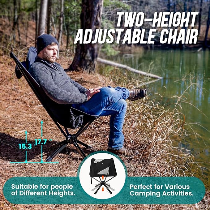 TCEK Adjustable Portable Camping Chair RiseLite Lightweight Compact Folding Chair for Adults, Collapsible Camp Chairs That Folds Up Small, Easy Carry for Travel, Outdoor, Sports, Backpacking, Hiking